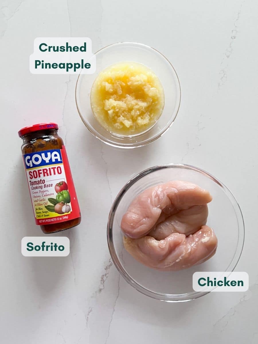 Labeled ingredients for pineapple chicken.