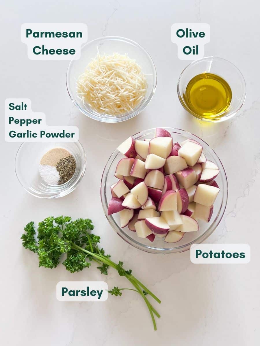 An overhead image of the labeled ingredients for this recipe.