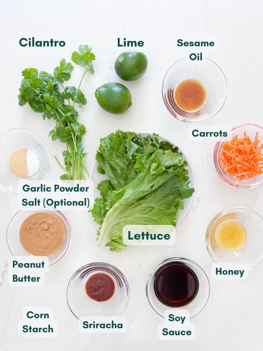 An overhead image of lettuce wrap ingredients labeledl.