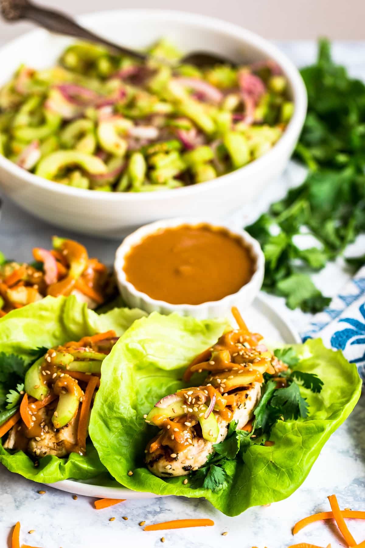 Chicken wraps on lettuce on a place with peanut sauce and a cucumber salad behind it.