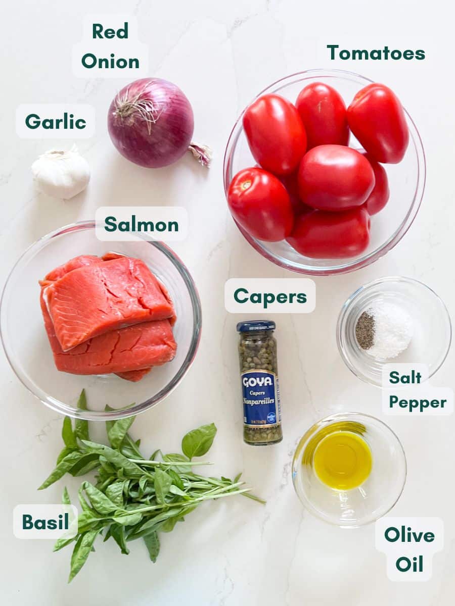 An overhead image of labeled recipe ingredients.