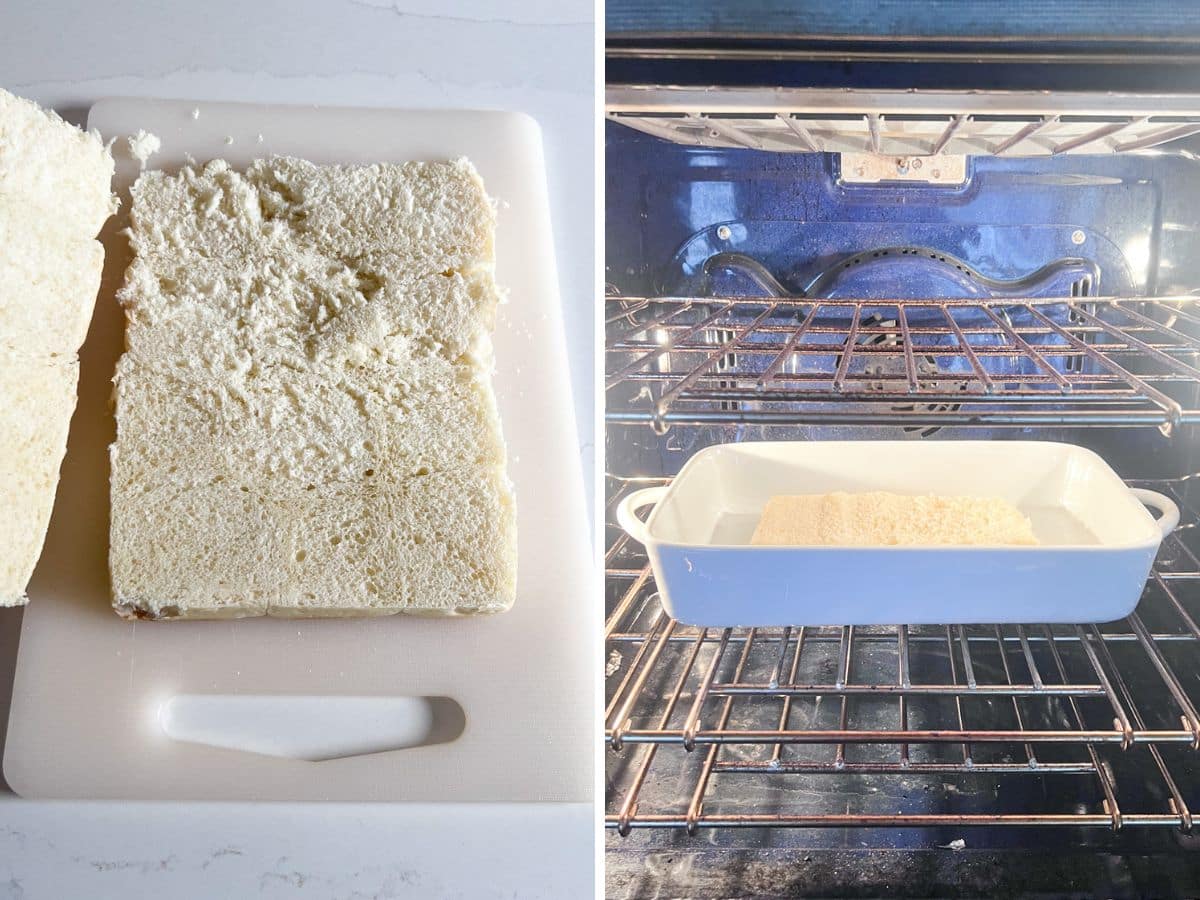 Buns cut in half on a butting board and then the bottoms in the pan in the oven.