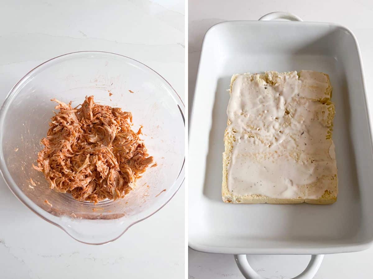 Buffalo chicken mixed in a bowl and then the toasted bun bottoms in the pan with ranch dressing spread on it.