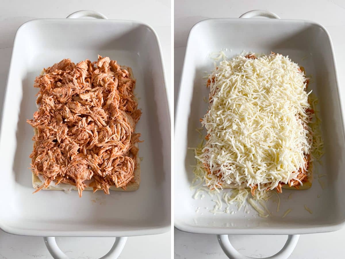 Buffalo chicken on the buns in the pan and the mozzarella cheese on top of that.