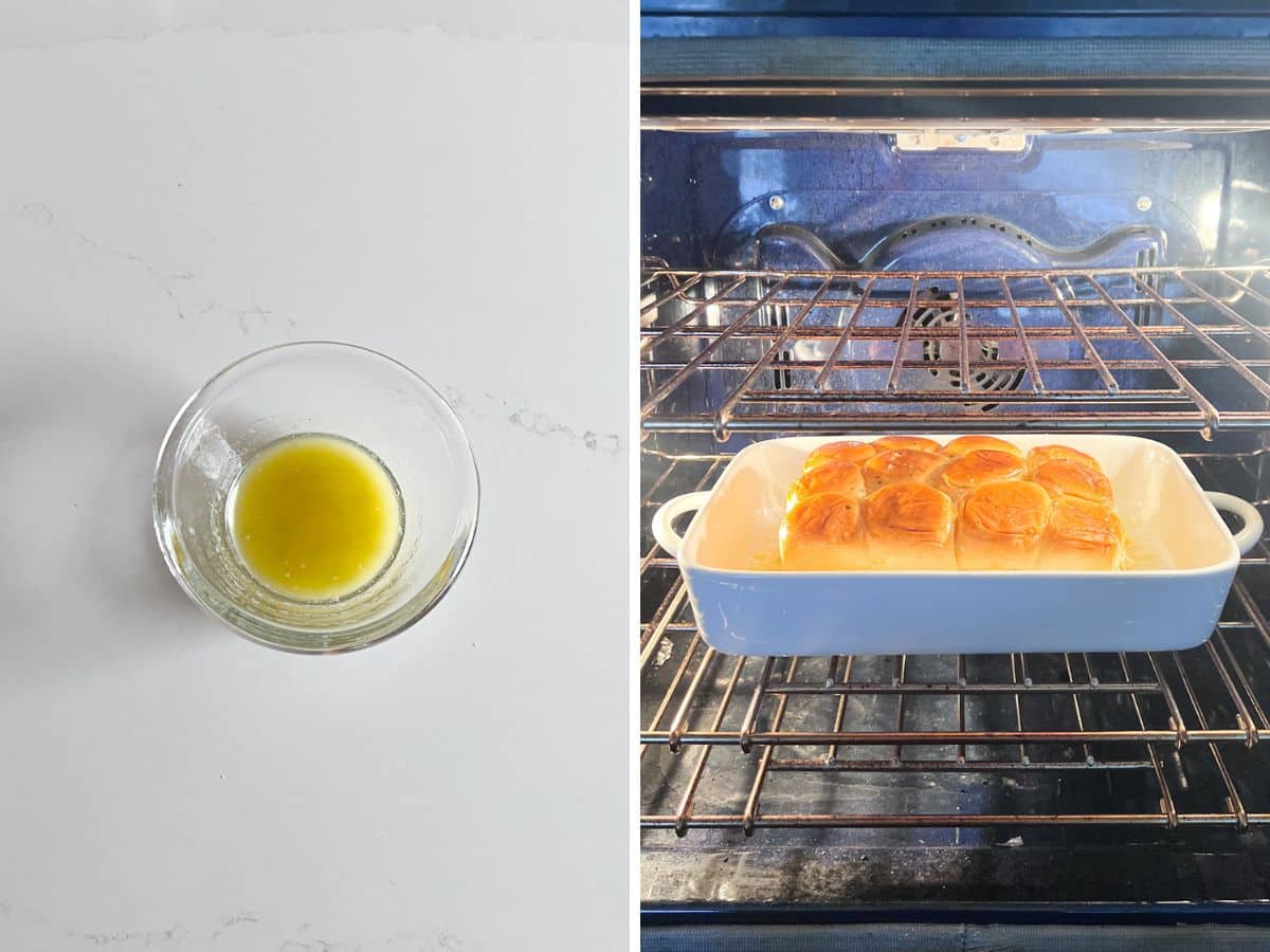 Seasoned melted butter in a bowl and then the sliders in the oven.