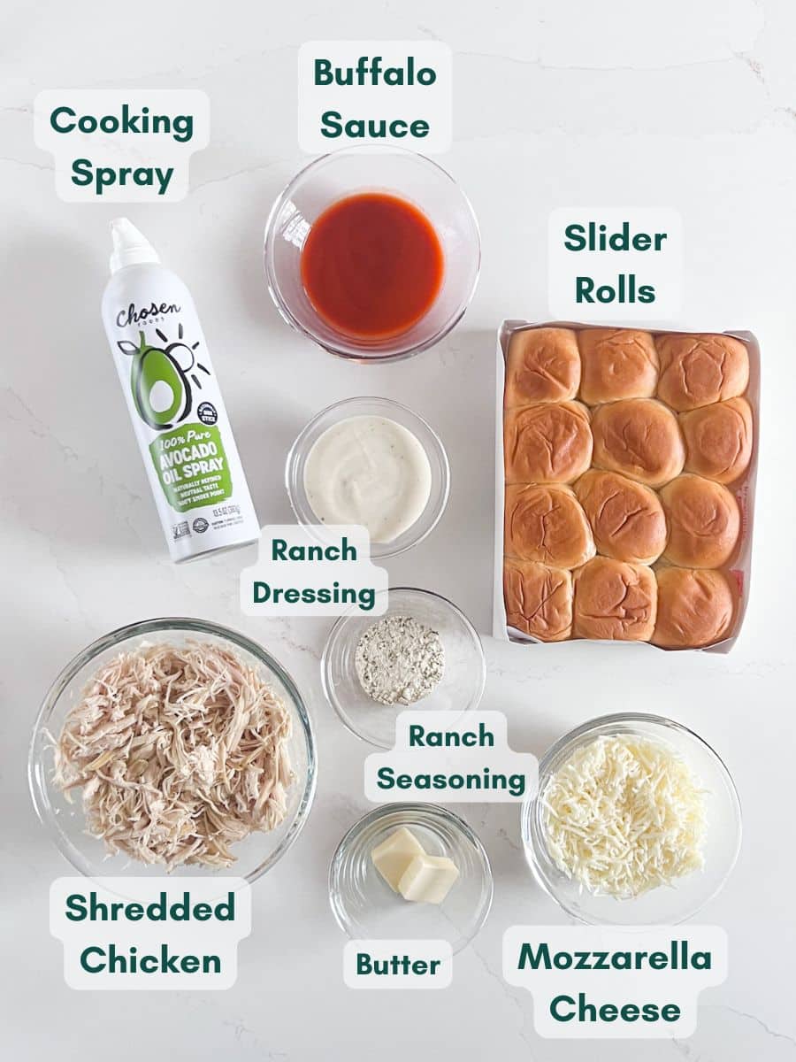 An overhead image of labeled recipe ingredients.