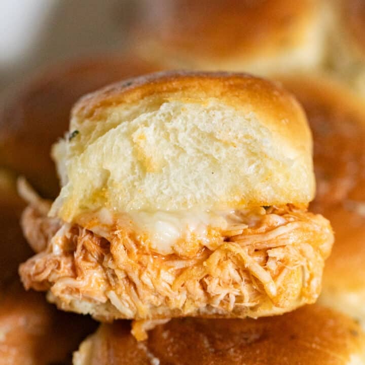 A close up image of a buffalo chicken slider.