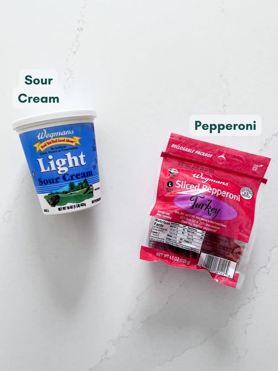 An overhead image of labeled recipe ingredients.