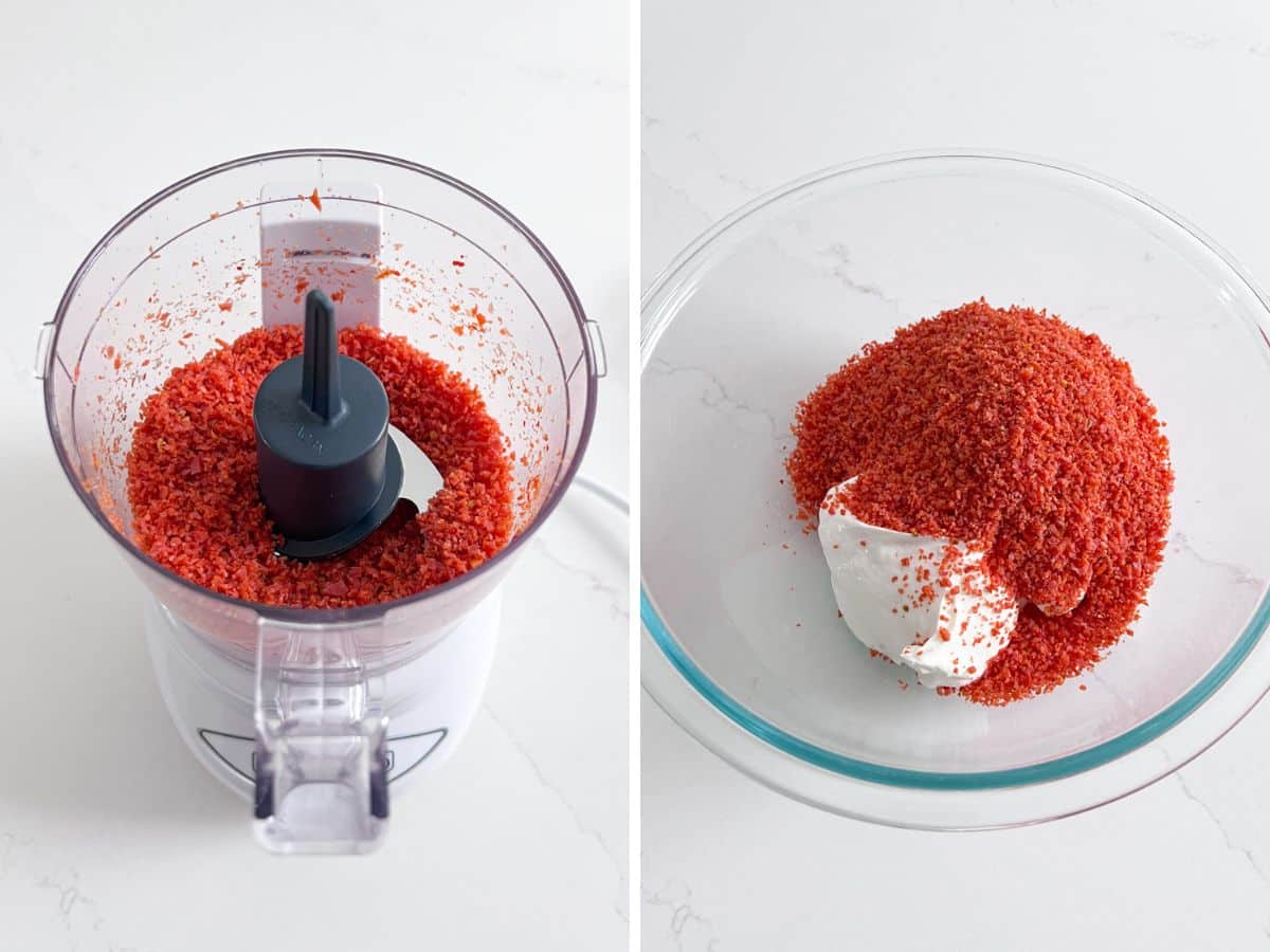Crumb-size chopped pepperoni in a food processor and the pepperoni crumbs added to a bowl with sour cream.