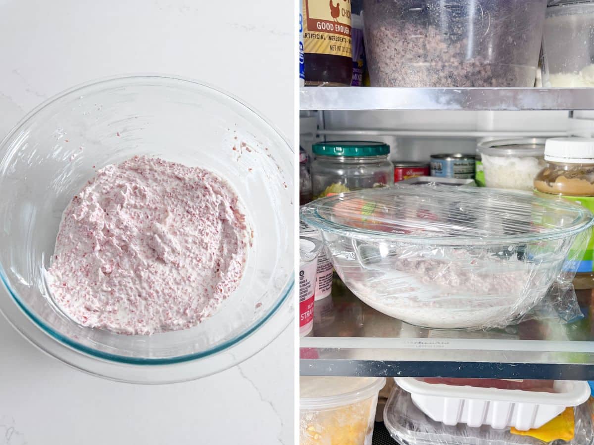 The pepperoni crumbs and sourcream mixed together in the glass bowl and then the bowl chilling in the fridge.
