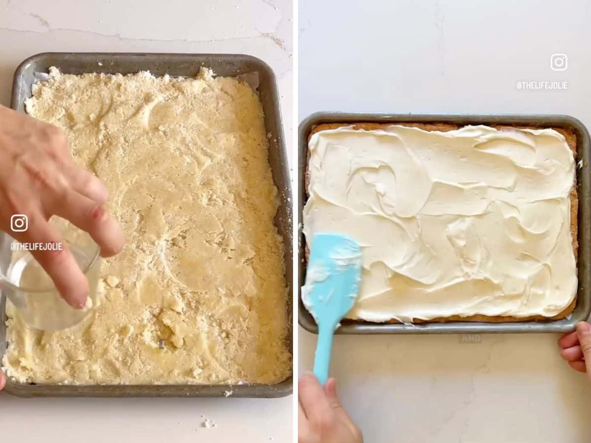 Baked cookie crus in a pan and then the cream cheese mixture being spread on top.