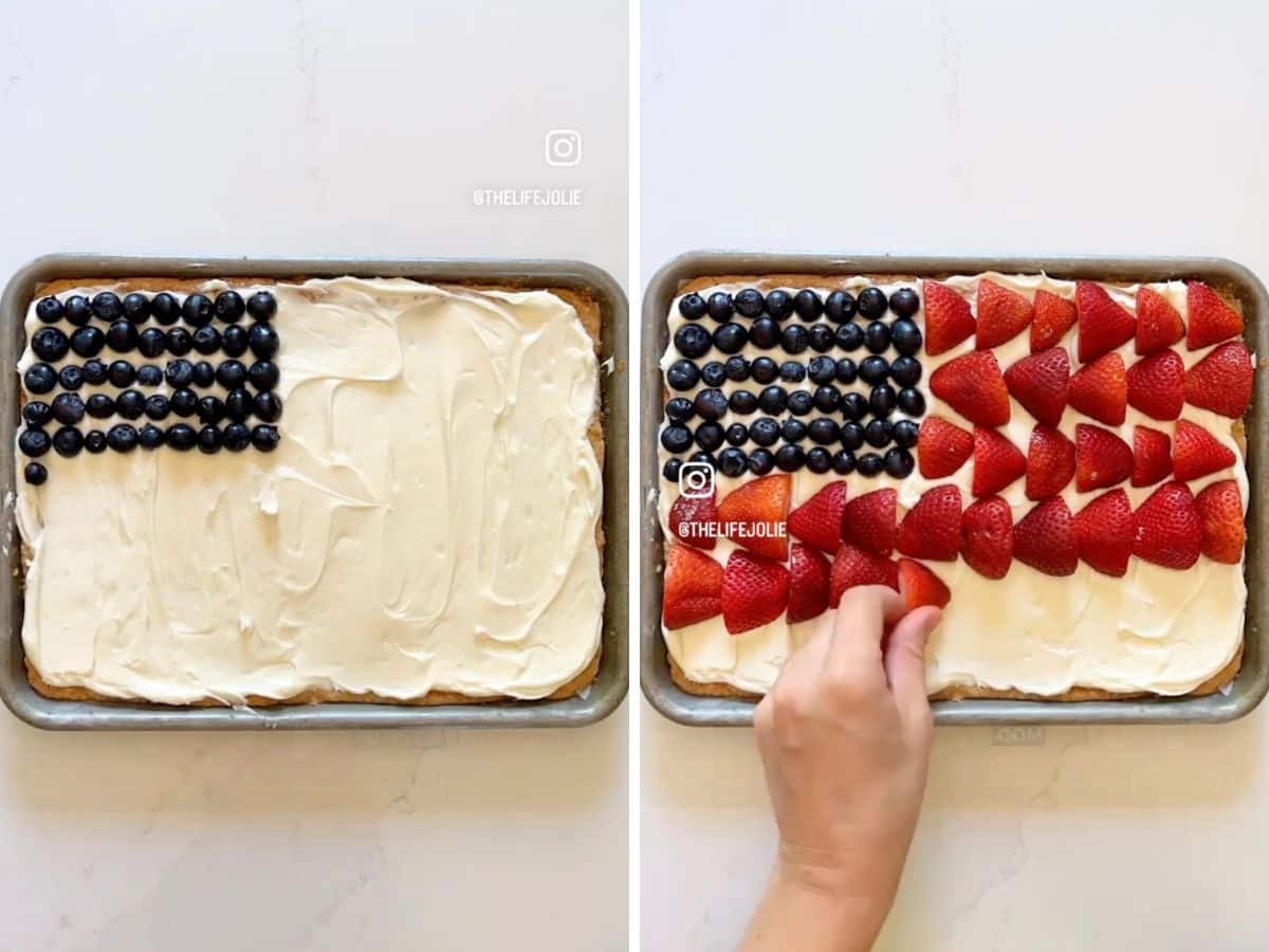 Blueberries lining the upper left corner making the stars of the flag and then strawberries making the stripes.