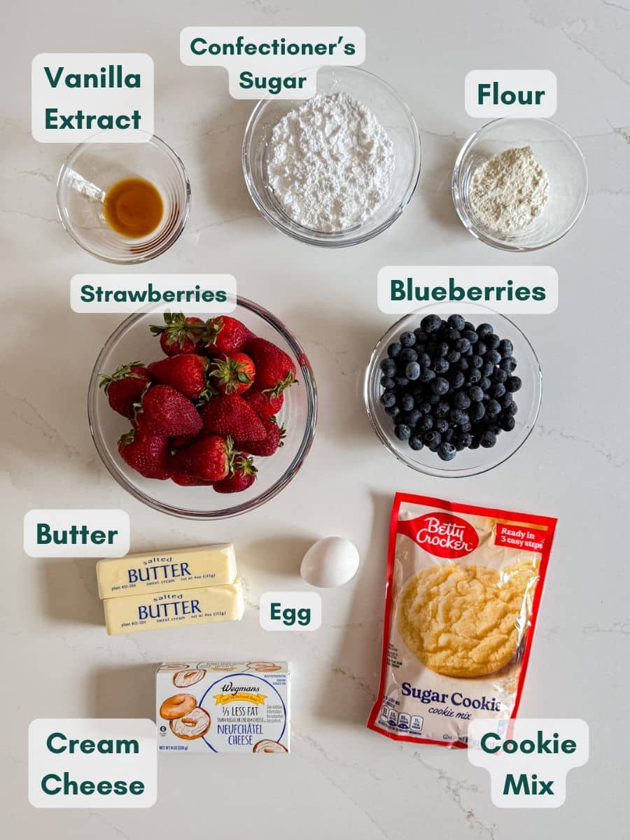 An overhead image of labeled recipe ingredients.
