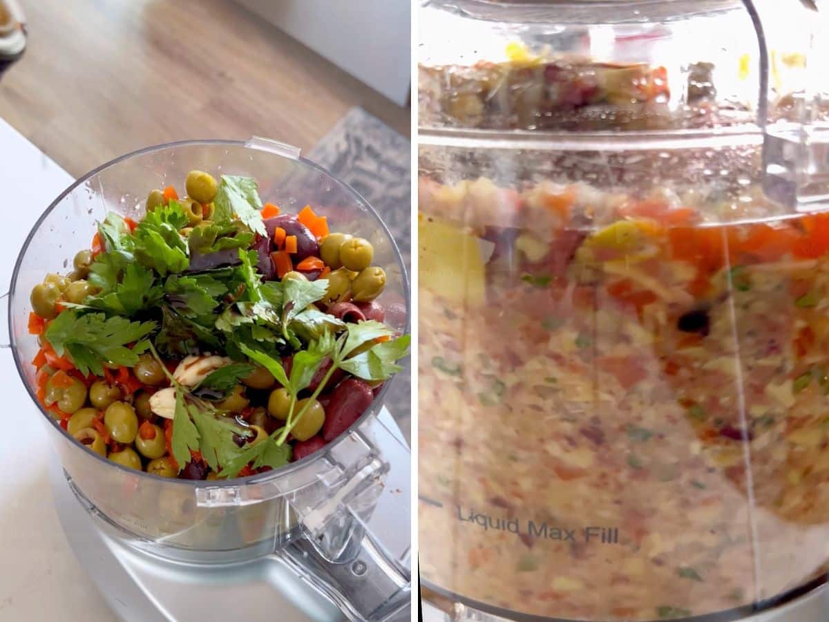 Olive spread ingredients in a food processor and then the processor running.