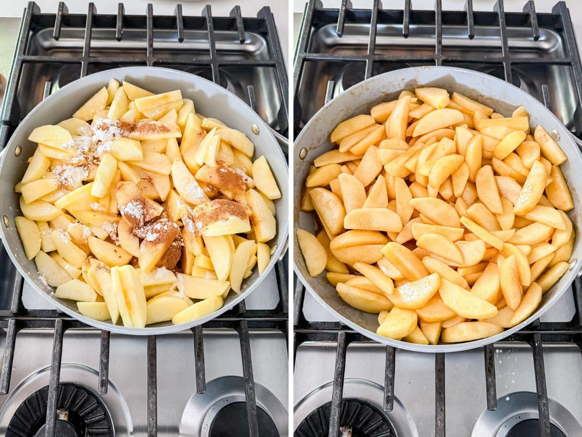 Pie filling ingredients in a skillet on the stove and then all mixed together.