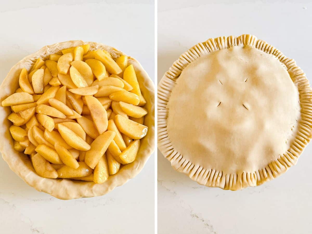 Pie filling in the pic crust and then the top crust added.