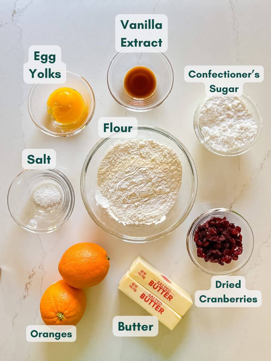 An overhead image of labeled recipe ingredients.