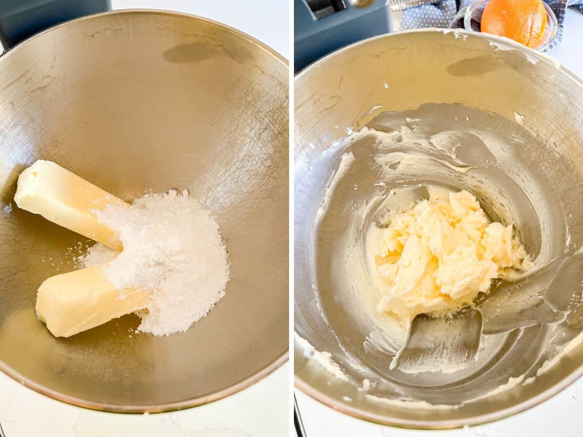 Butter and powdered sugar in a mixing bowl an then creamed together.