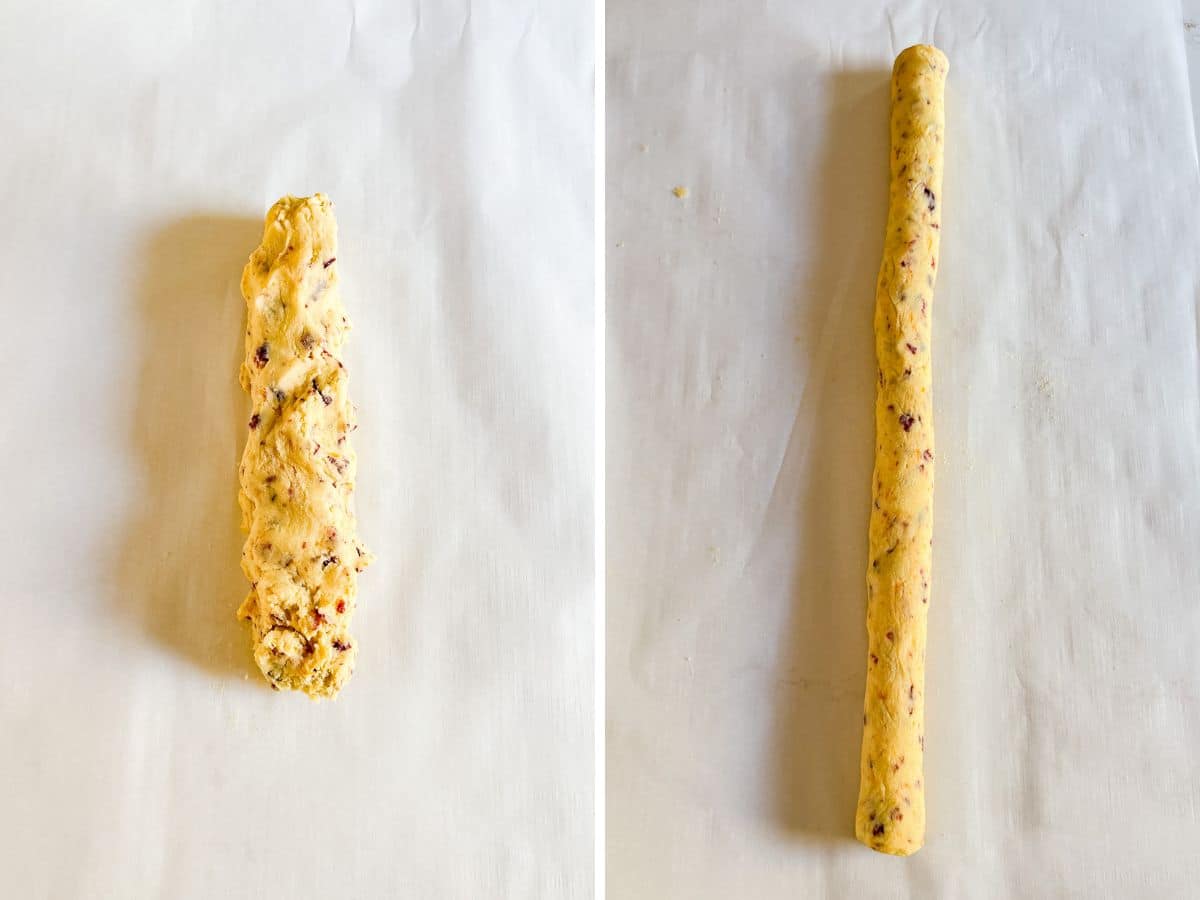 Cookie dough on a piece of parchment and then shaped into a 1 ¼ inch thick log.