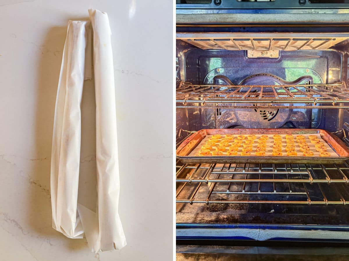 Chilled dough logs and then the dough sliced into cookies on a pan in the oven.