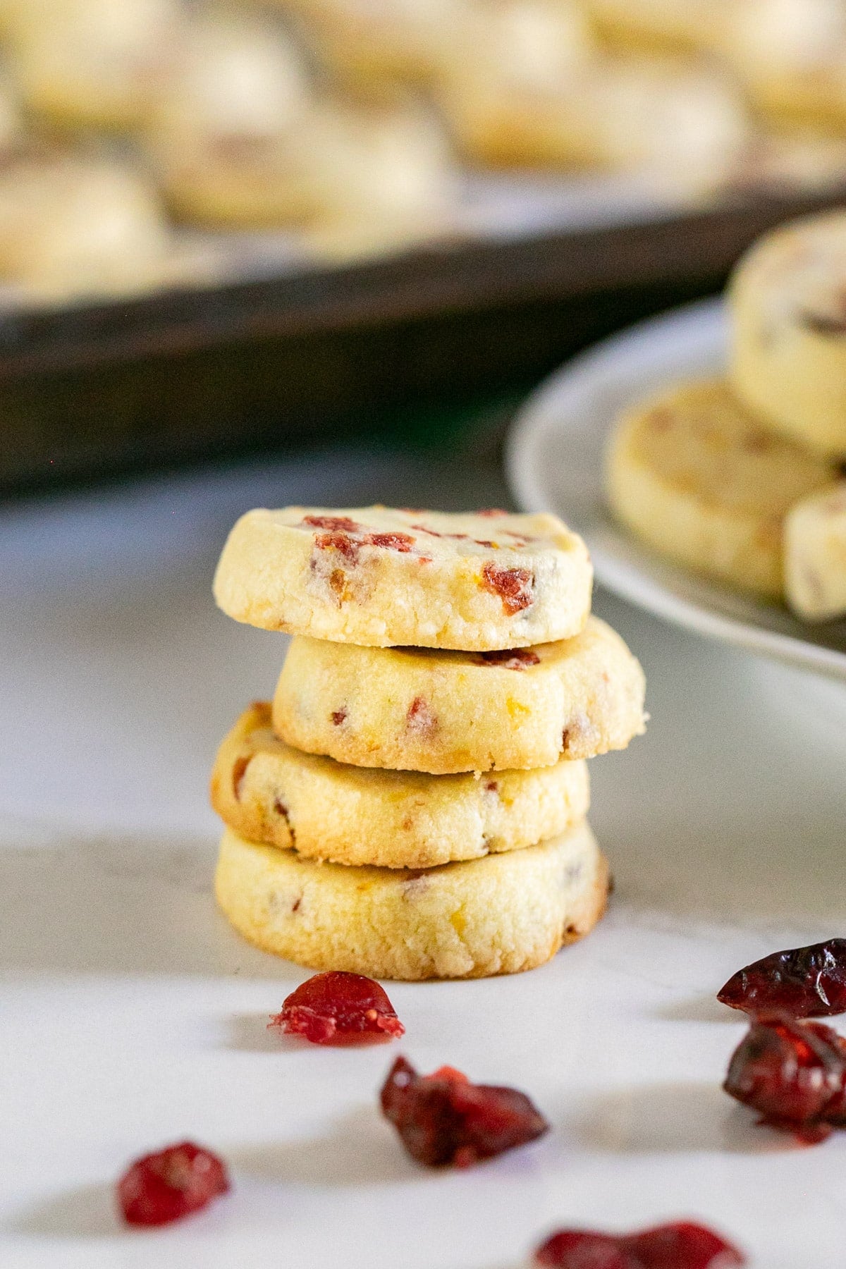 A stack of cranberry shortbread cookies.