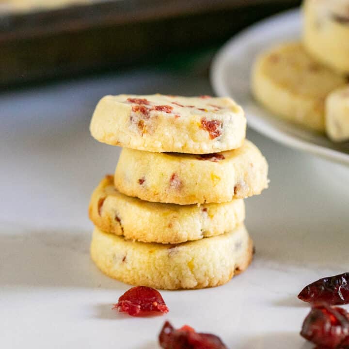 A stack of cranberry shortbread cookies.