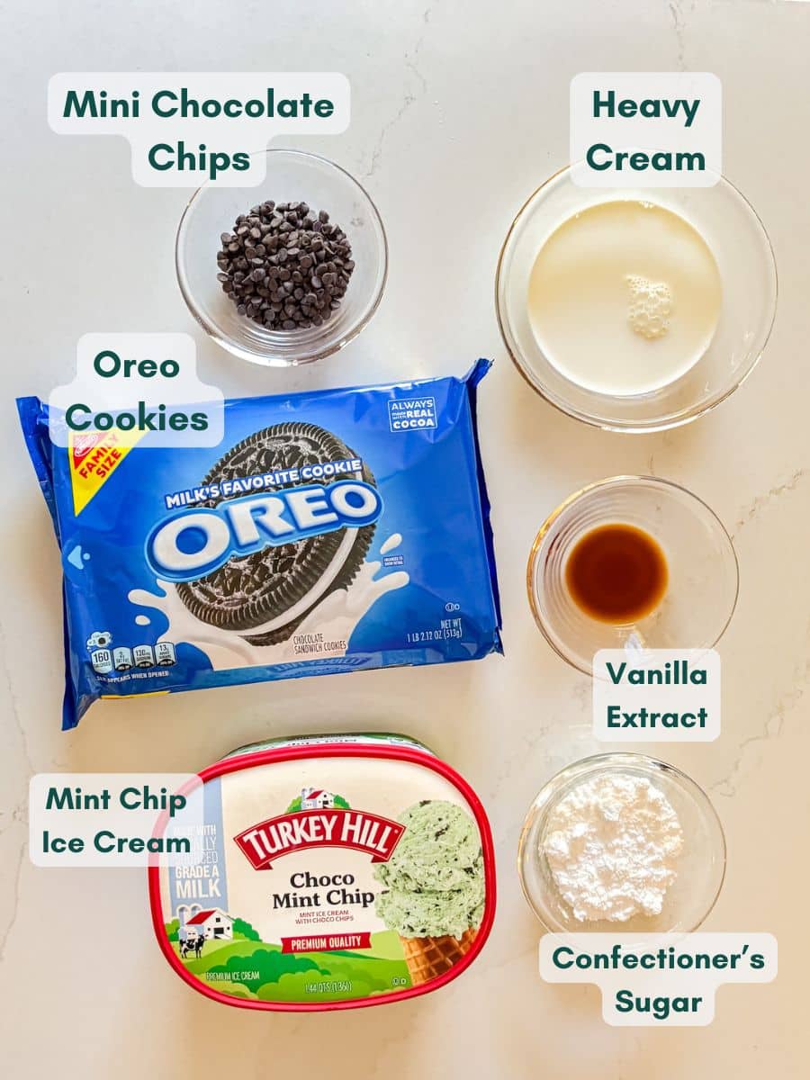 An overhead image of labeled recipe ingredients.