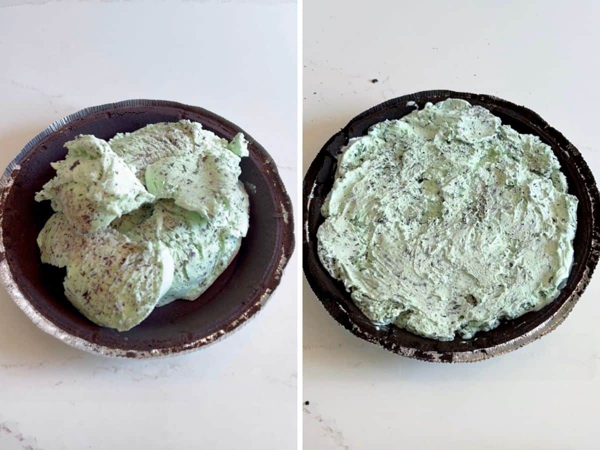 Ice cream in the oreo crust and then spread evenly in it.
