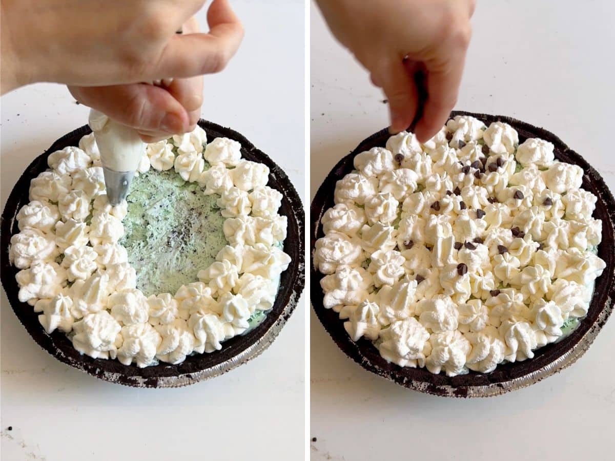Whipped cream being piped on top of the cake and chocolate chips being sprinkled on top.