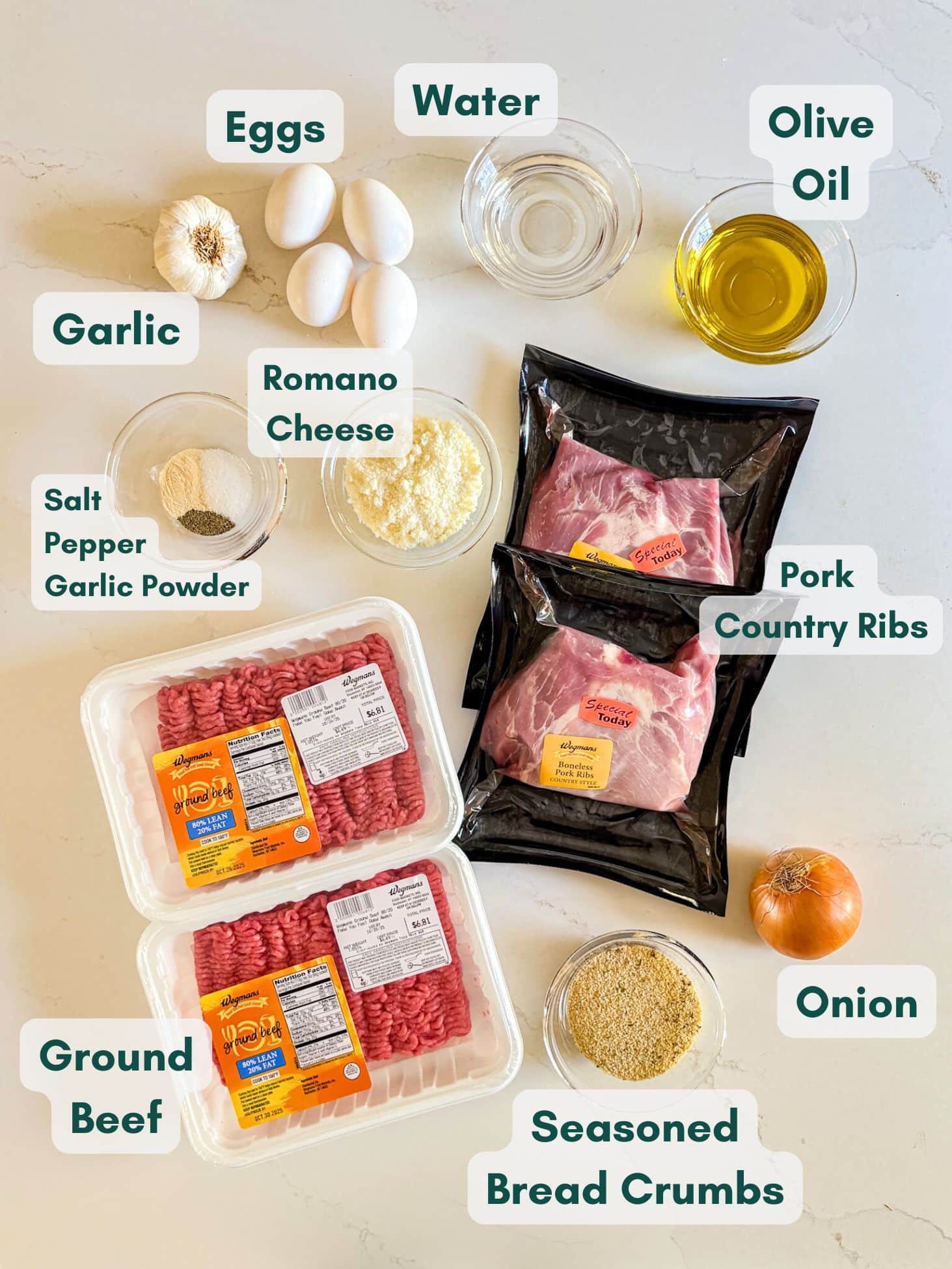 An overhead image of labeled recipe ingredients.