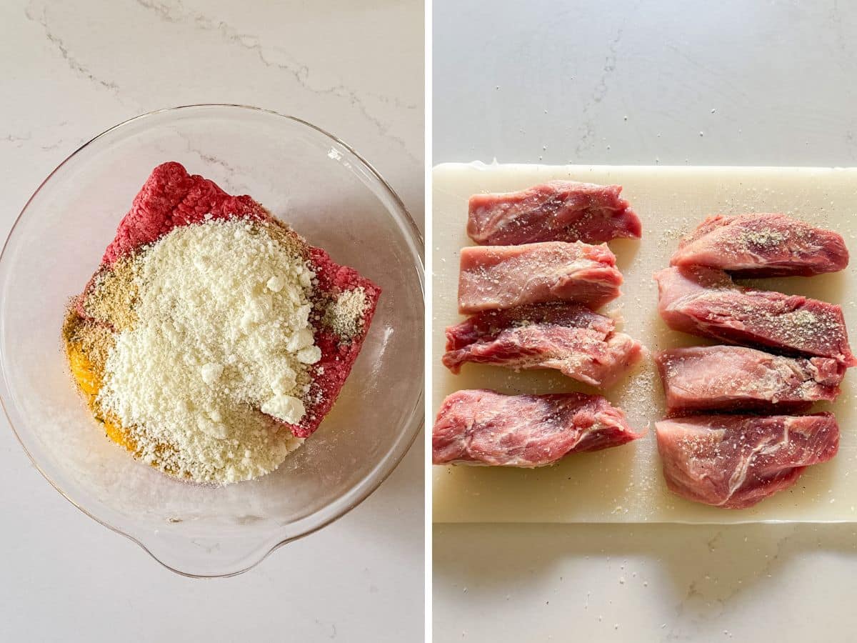 Meatball ingredients in a bowl and raw country pork ribs seasoned on a cutting board.