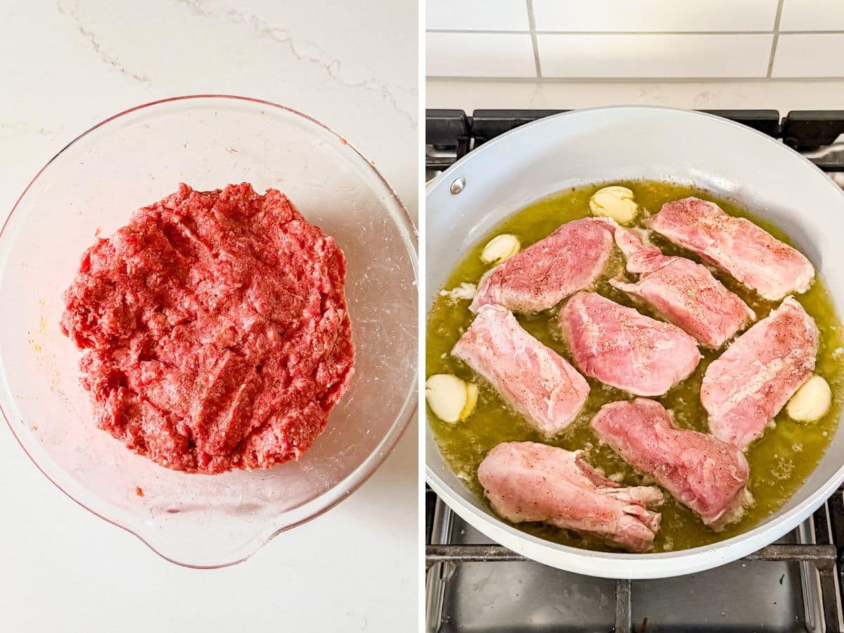Meatball mixture mixed together and pork and garlic frying in oil.
