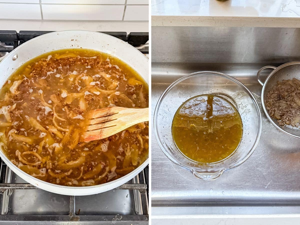 A pan scraping up browned bits in the oil and water mixture int he pan and then the liquid gold strained into a bowl in the sink.