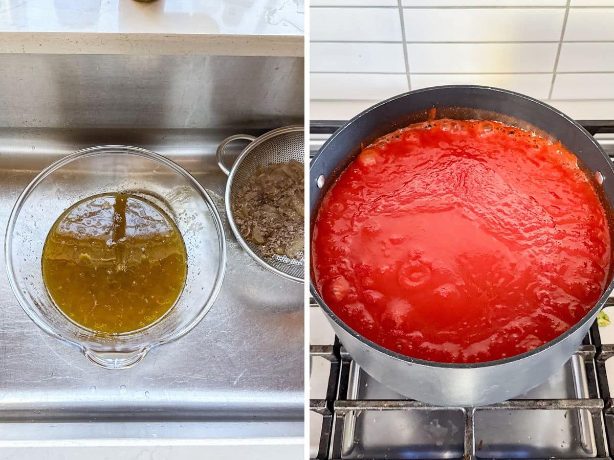 Liquid gold strained in a sink tomato sauce bubbling in a pot.