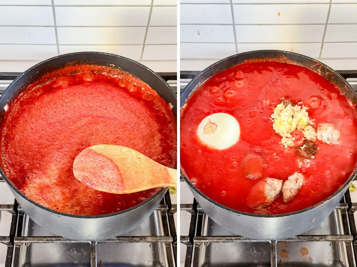 A wooden spoon skimming the acidic foam from the top of the sauce and an onion, minced garlic and all the meat and grease added into the sauce.