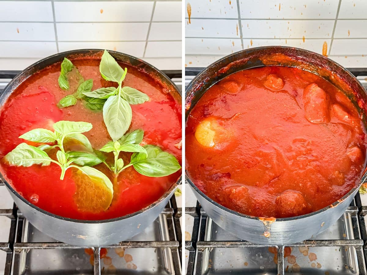 Fresh basil added to the sauce and then the sauce simmering.