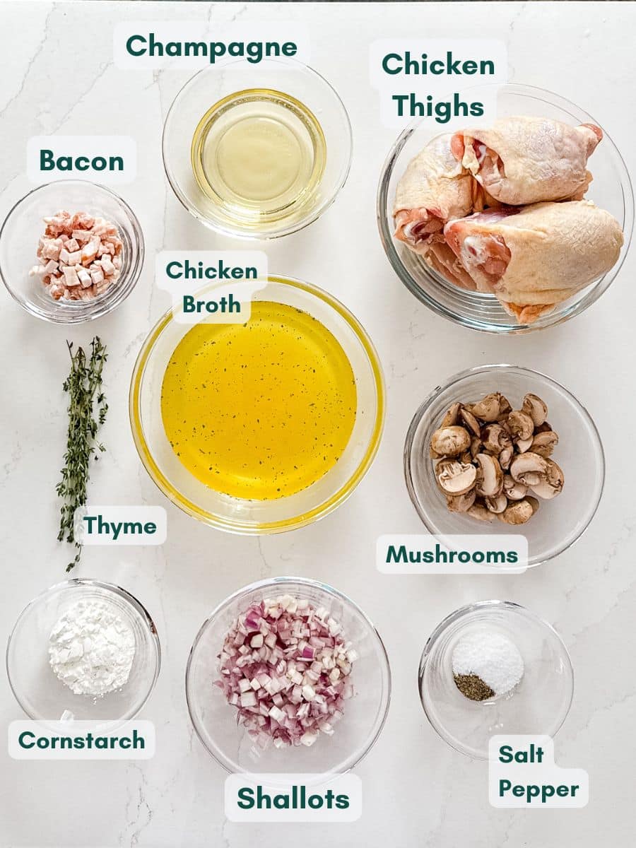 Ingredients in labeled dishes.