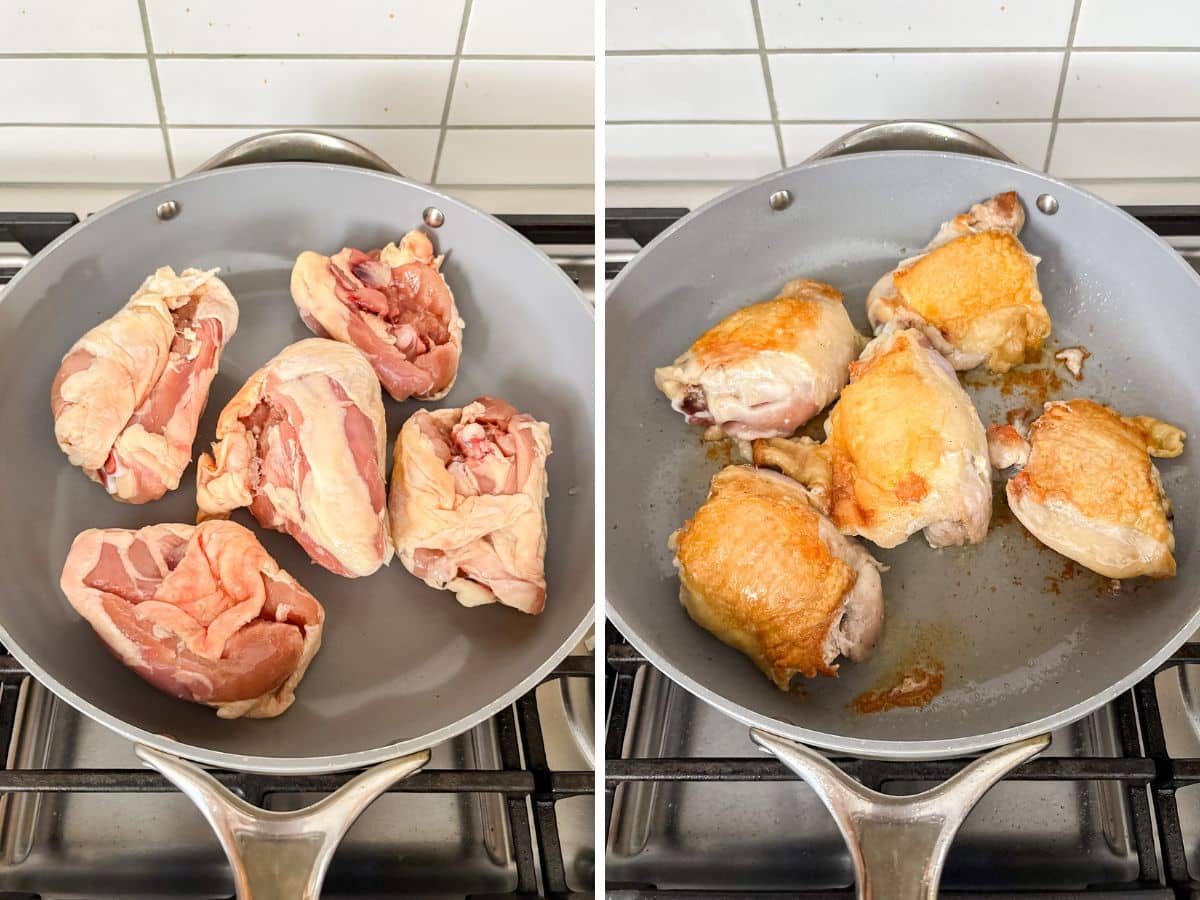 Raw chicken thighs in a pan and then cooked to golden brown.