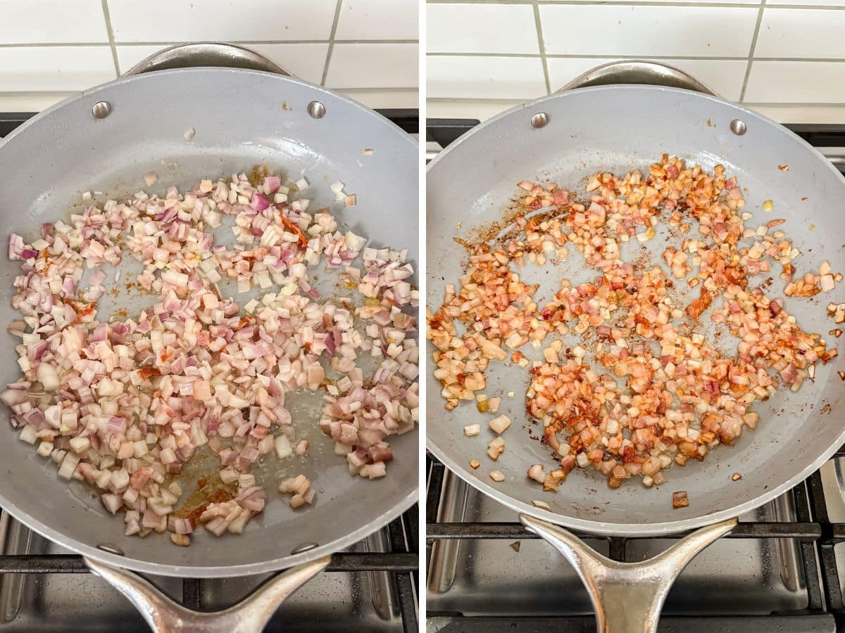 Shallots and raw bacon added to the pan and then browned up.