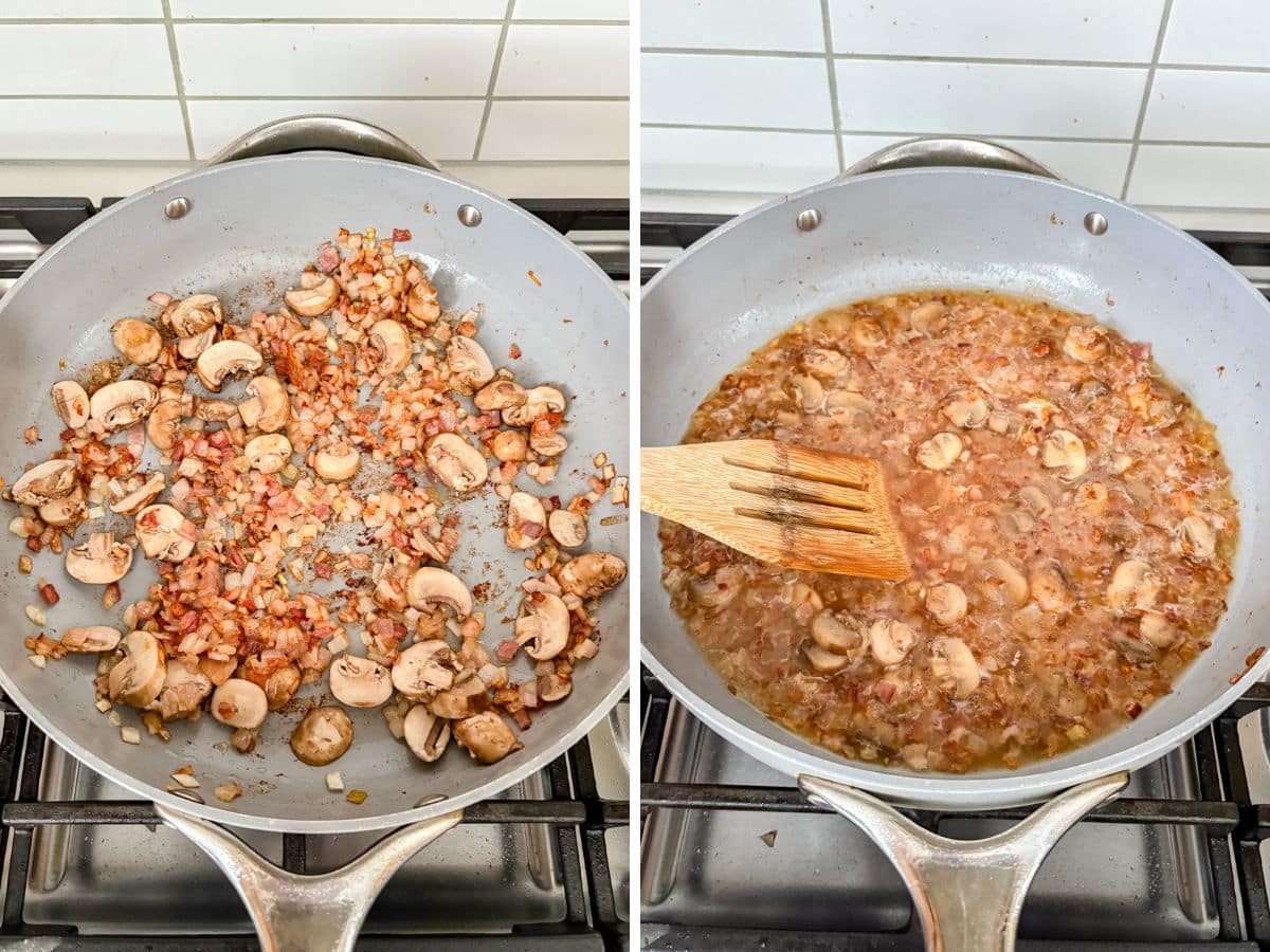 Mushrooms added to the pan and then champagne deglazing the pan.
