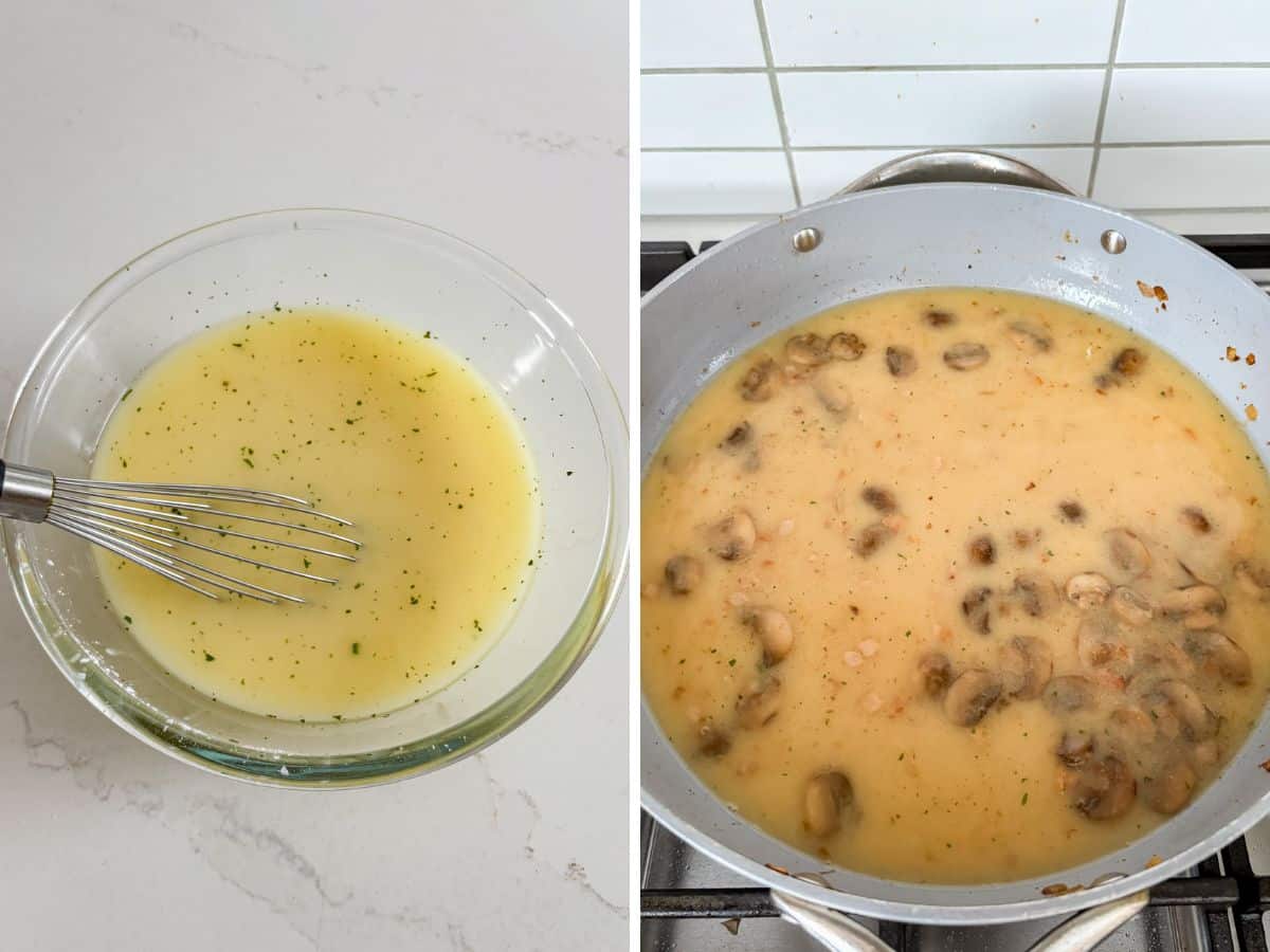 Cornstarch whisked into chicken broth and then added into the pan.