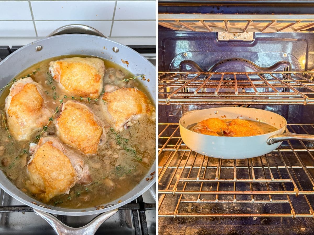 Chicken and thyme added into the pan and the pan i nthe oven.