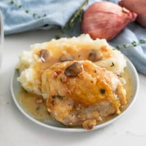 Champagne braised chicken on a plate with mashed potatoes.