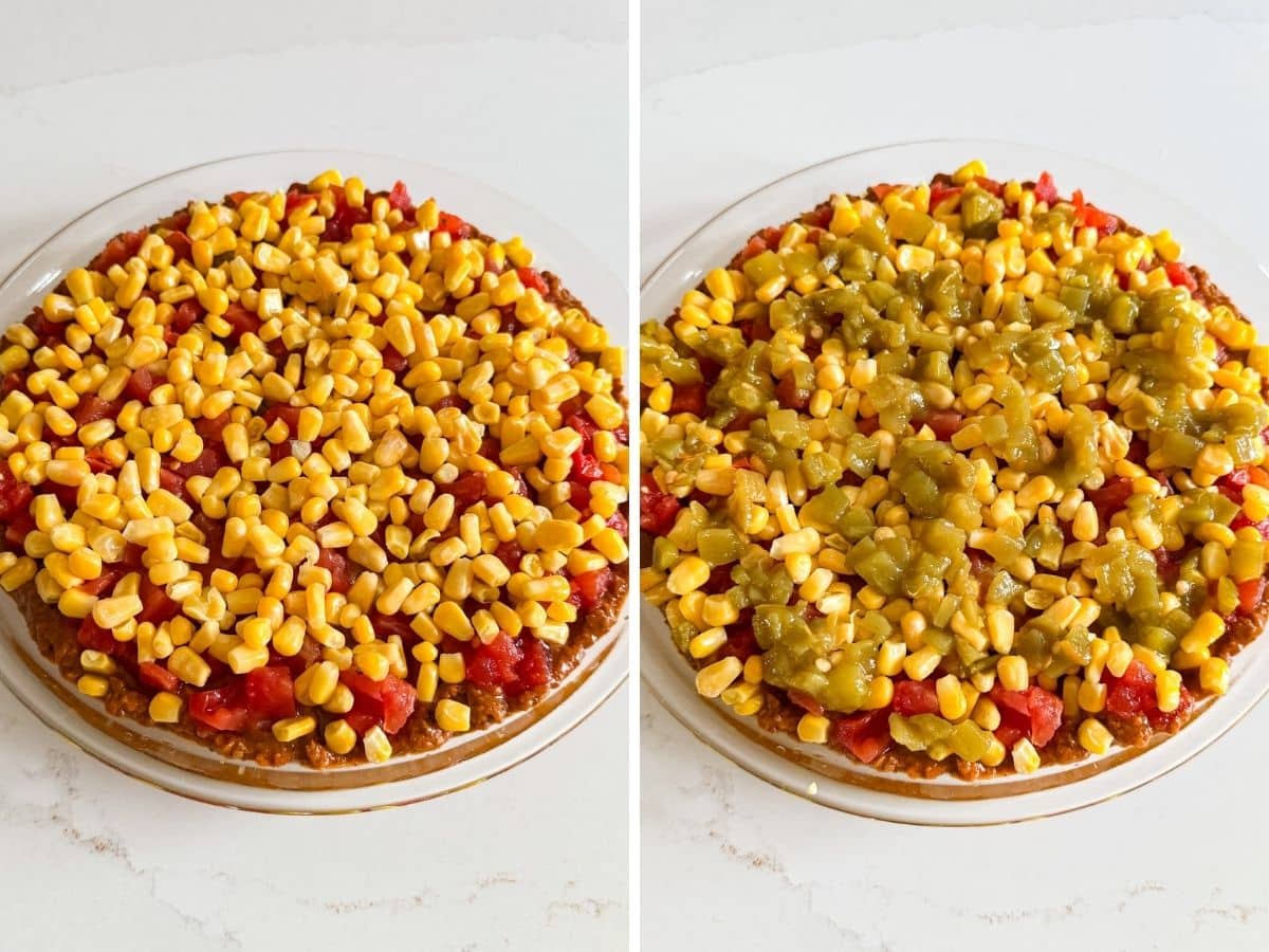 A layer of corn added then a layer of green chiles.