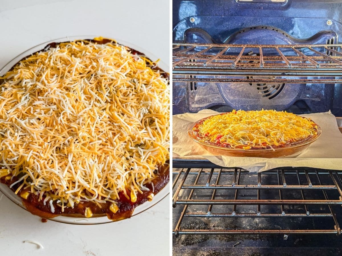 Shredded cheese added to the top and then placed back in the oven.