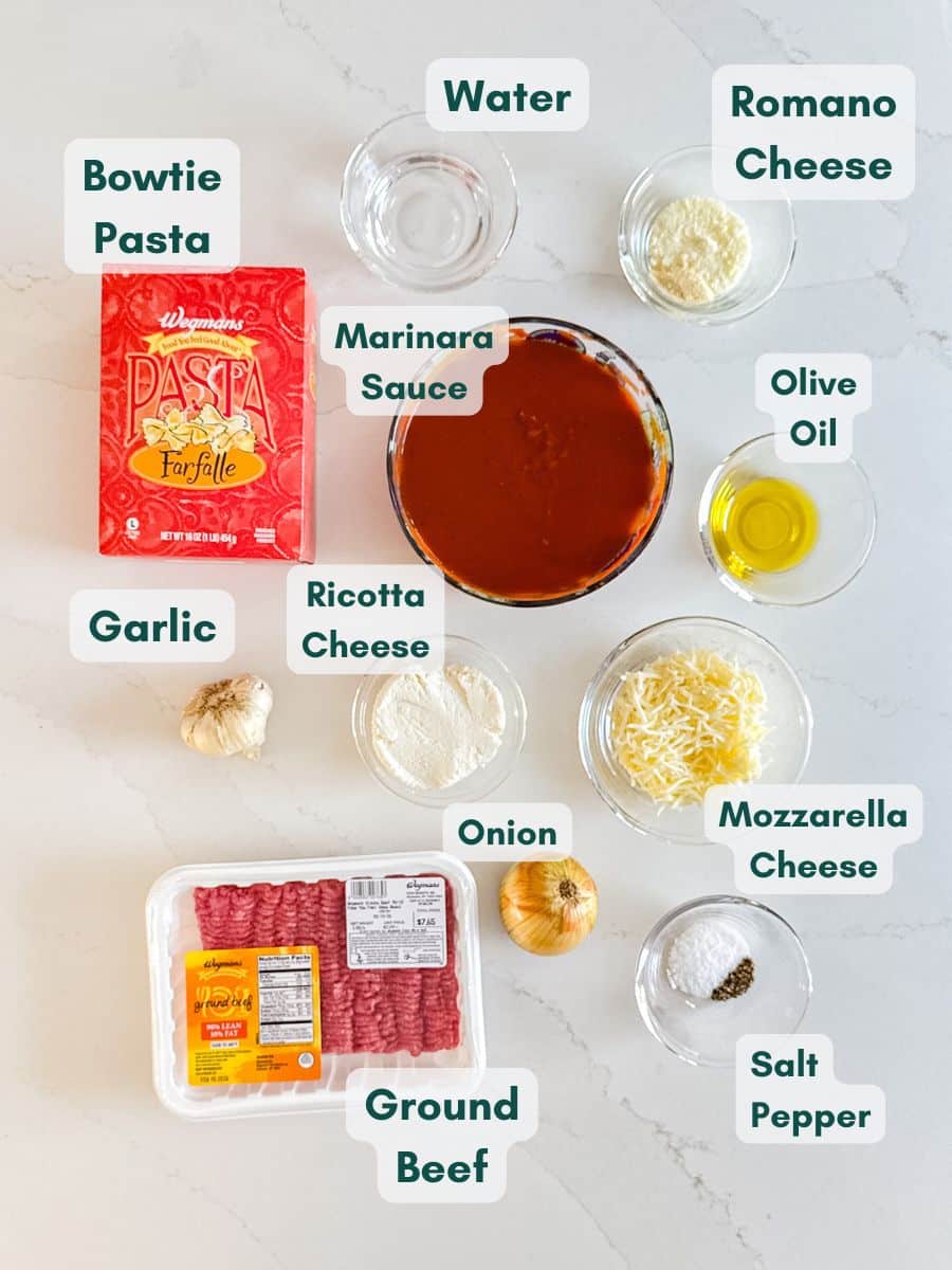 An overhead image of labeled recipe ingredients.