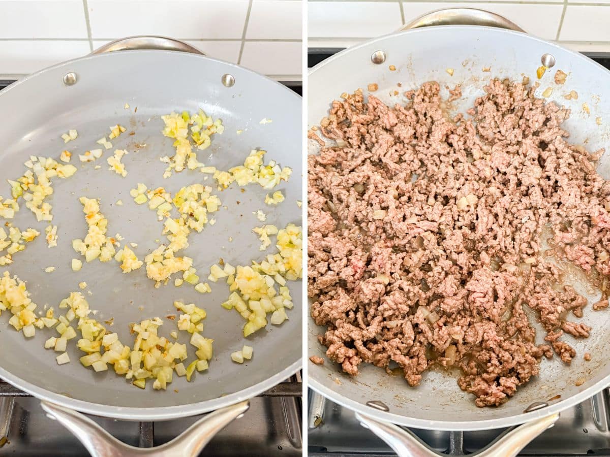 Onions and garlic sautéing in oil and then browned ground beef in the pan.