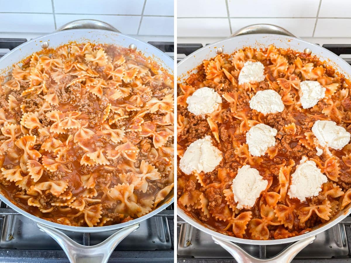Pasta and sauce mixed in with the beef and then dollops of the ricotta mixture on top.