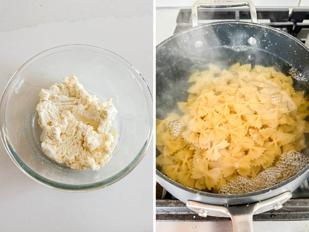 The ricotta cheese mixture in a bowl and pasta being boiled.