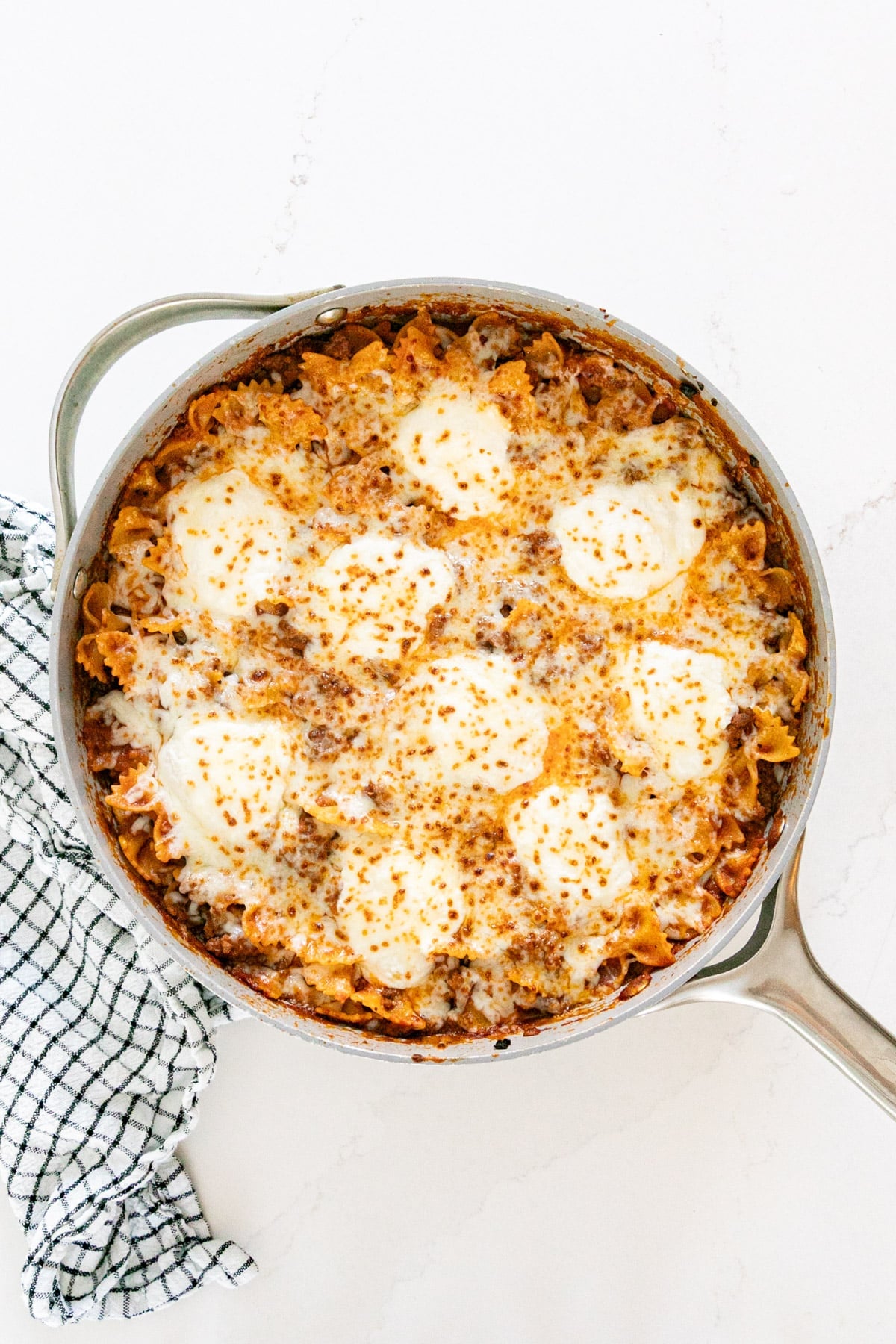 An overhead image of a pan of skillet lasagna